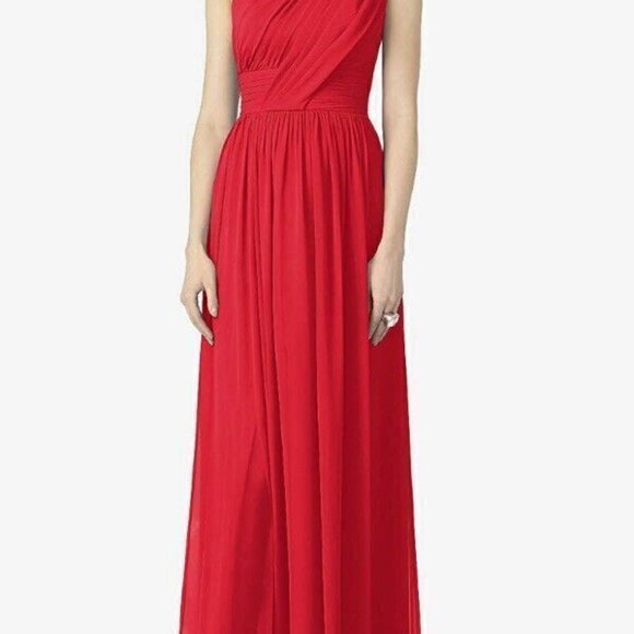 After Six Parisian Red K505 One Shoulder Chiffon Shirred Front Slit Maxi Gown‎ - Picture 2 of 9
